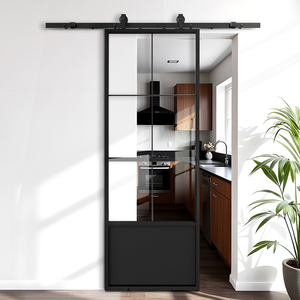 30 Inch x 84 Inch Black Metal Frame Glass Sliding Barn Door Modern Home Upgrade