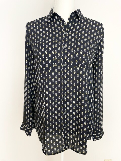 Ann Taylor Womens Button Down Blouse Size S Black Yellow Long Sleeve Pockets