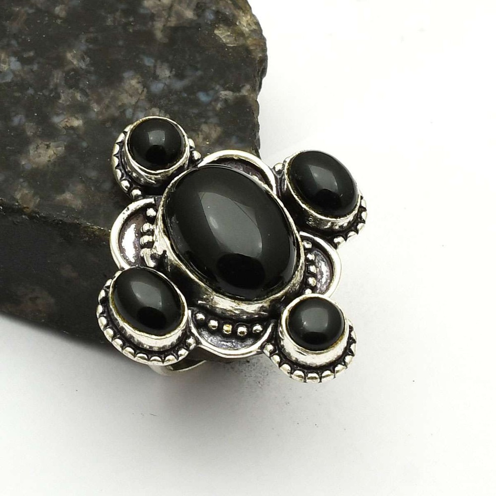 Black Onyx Gemstone Ethnic Handmade Ring Jewelry Woman US Size-9 AR 76429