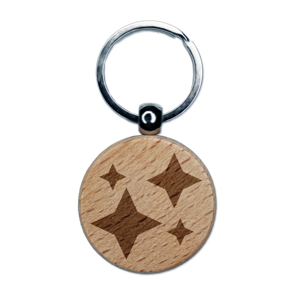 Shiny Sparkle Stars Engraved Wood Round Keychain Tag Charm