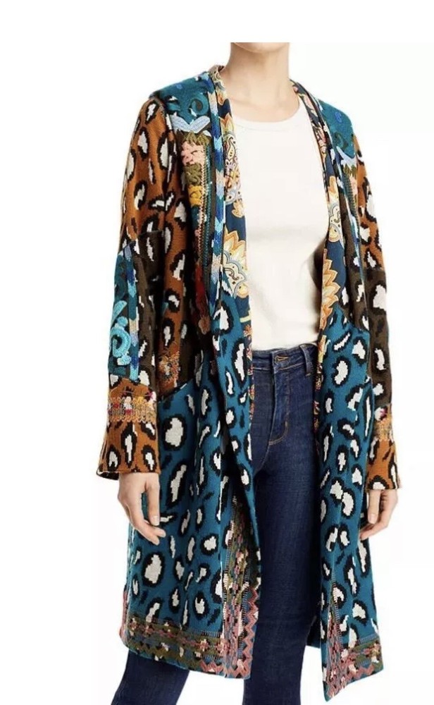 $598 JOHNNY WAS GRETA EMBROIDER LINED HOODED PATCHWORK DUSTER COAT Size: S