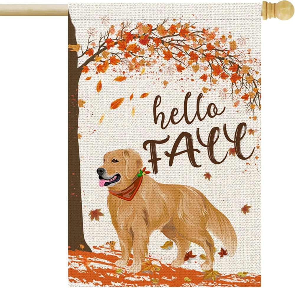 Hello Fall Dog House Flag 28X40 Inch Vertical Burlap Flags Seasonal Holiday Outd