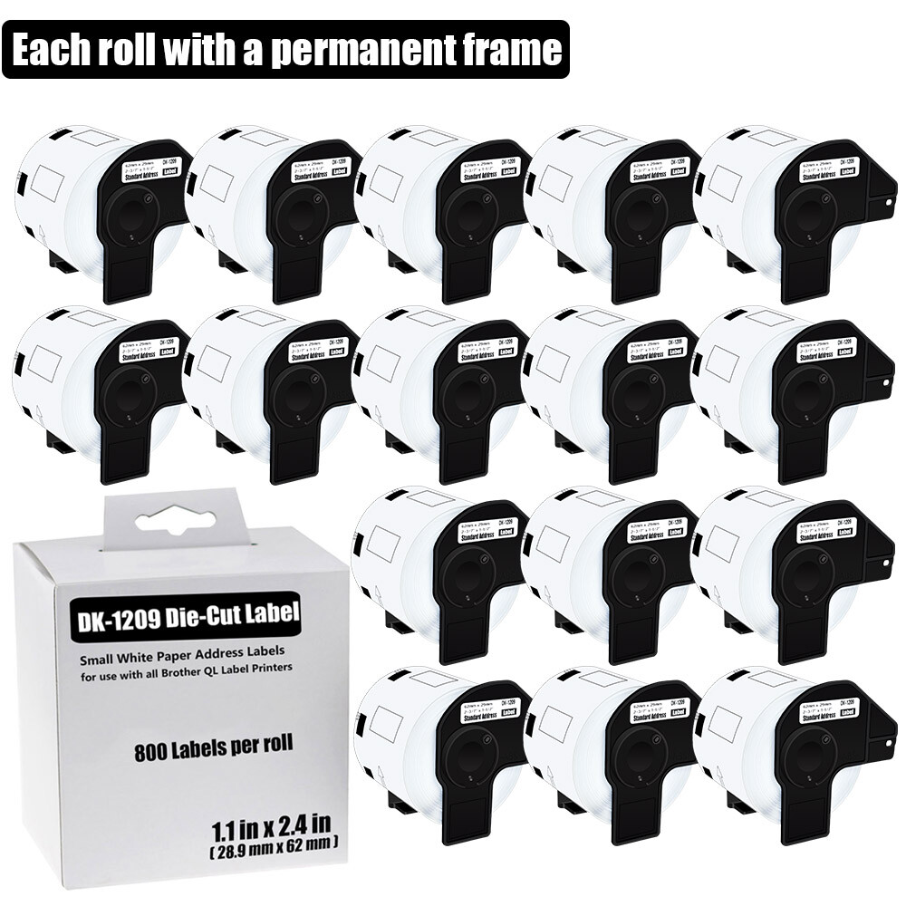 Brother QL DK-1209 Permanent Frame Address Labels 16 Rolls 1.1x2.4 Inch