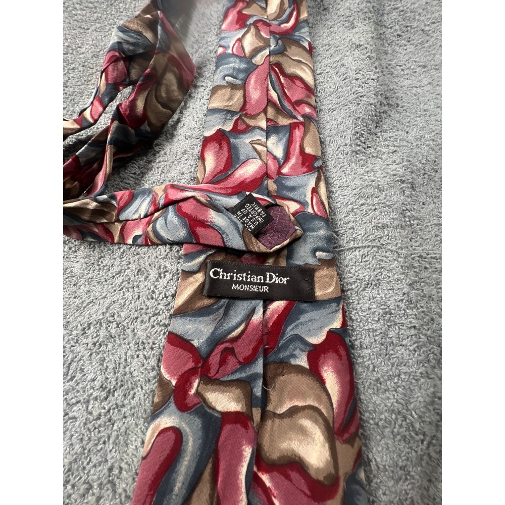 Christian Dior Monsieur Silk Blend Necktie Abstract Print Red Blue Tan