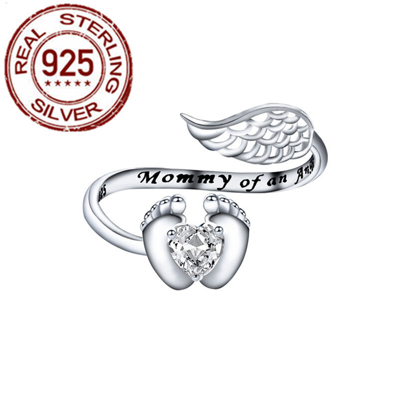 Women Solid Sterling Silver Mother Love Angel Wing Baby Feet Heart CZ Open Rings