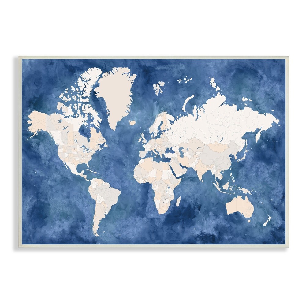 Stupell Country Border World Map Deep Blue Ocean Wood Wall Off-White 13 x 19