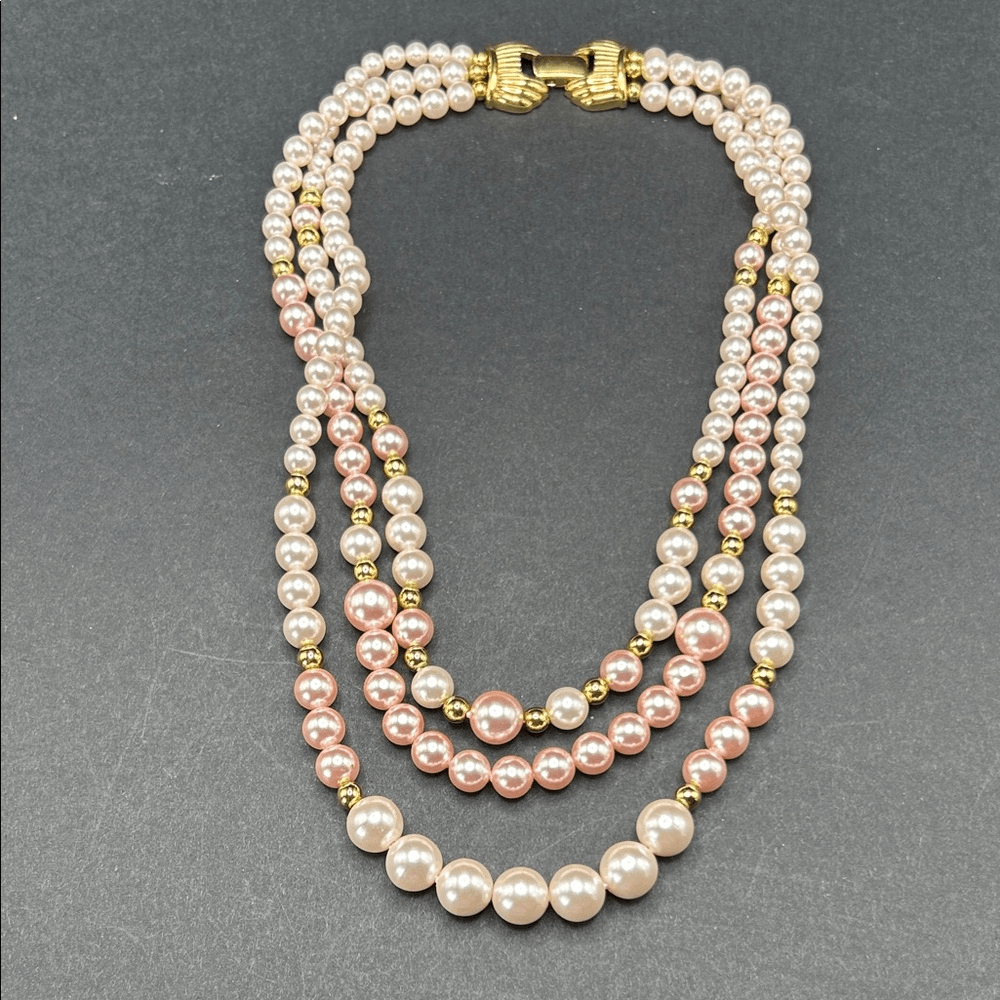 VTG Monet Glass Pink White Pearl and Gold Box Clasp Multistrand Necklace