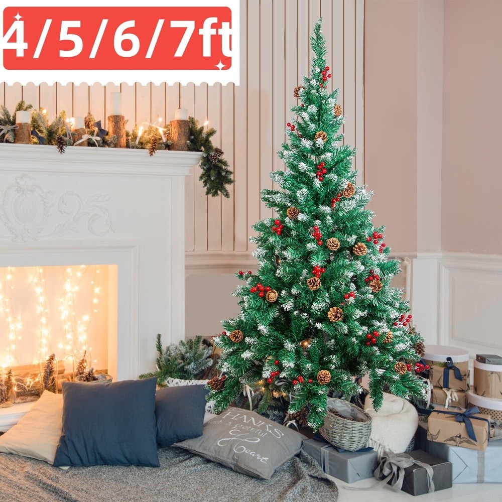 Christmas Tree Snowy Flocked Tips Pine Cones Berry 5/6/7FT Artificial Holiday