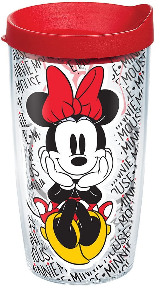Disney Minnie Mouse 16oz Clear Tumbler with Red Lid and Name Pattern Wrap