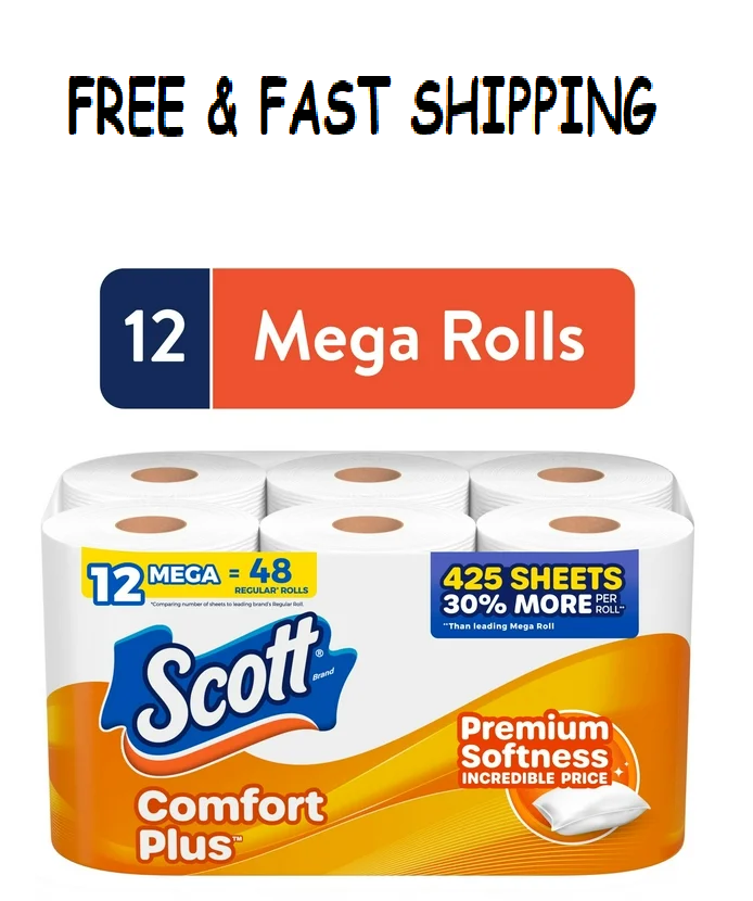 Scott ComfortPlus Toilet Paper, 12 Mega Rolls, 425 Sheets, Septic Safe