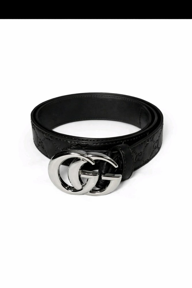 Gucci Belt Black GG Embossed Leather Double G Silver Buckle Men 95cm/38in