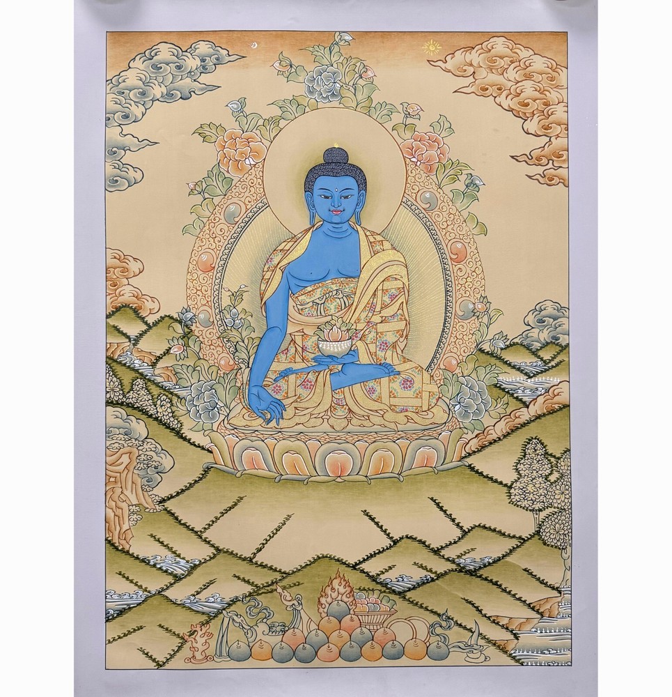 Consecrated Medicine Buddha Thangka Painting, Healing Buddha Tibetan Wall Art