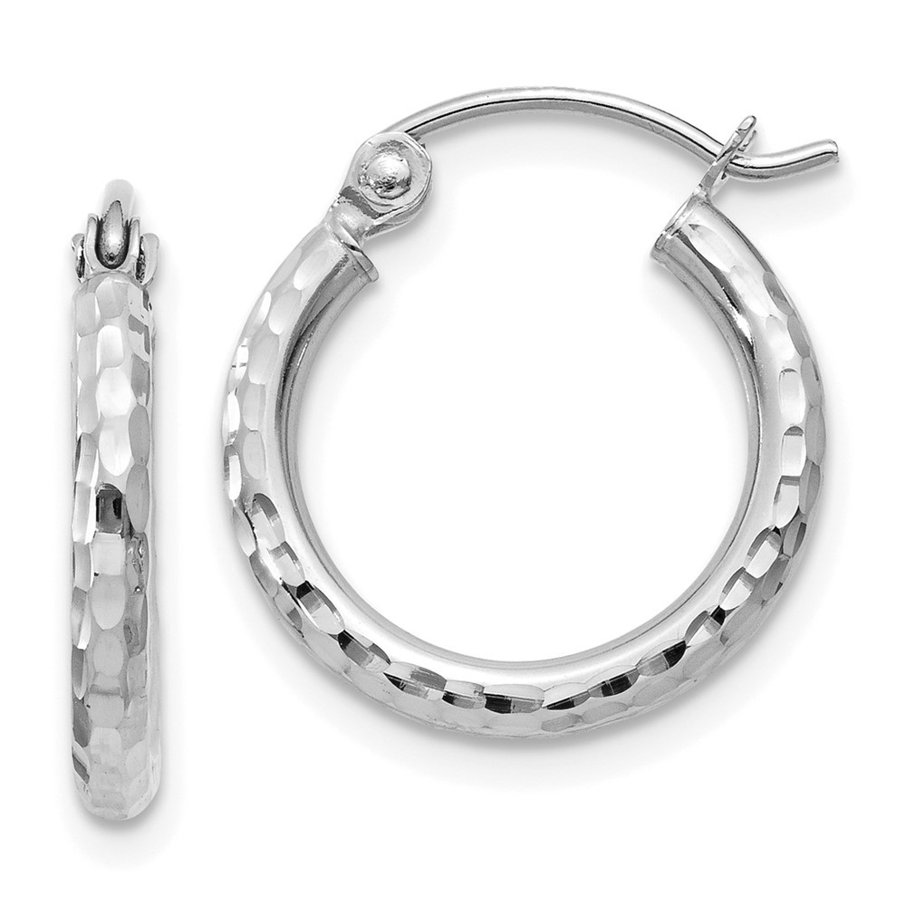 10k White Gold Diamond-cut 2mm Round Tube Hoop Earrings 0.71gm L-15 mm