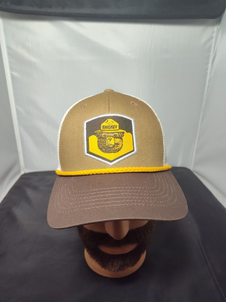 Smokey The Bear Trucker Hat Tan Brown Yellow Curve Bill Snapback Mesh Adjustable