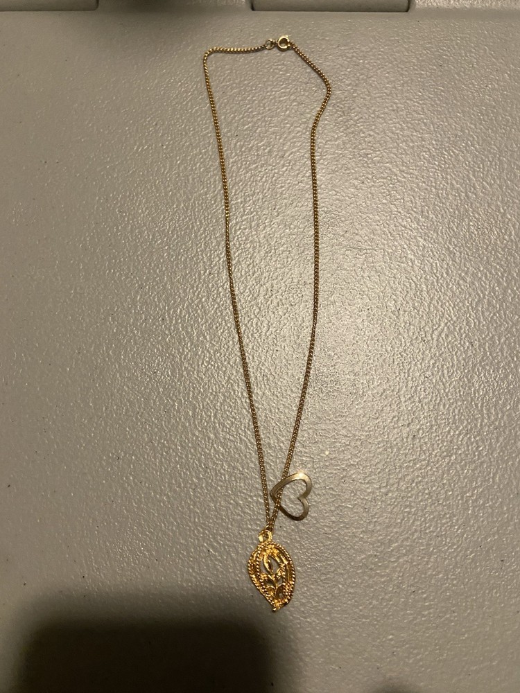 Gold Tone Heart & Leaf Charm Pendant Necklace Metal Jewelry