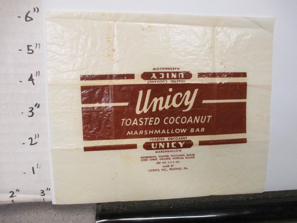 1940s UNICY Toasted Coconut Marshmallow Candy Bar Wrapper Luden's 1.25oz