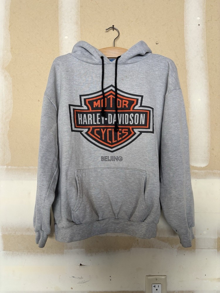 Harley-Davidson 90s Vintage Hoodie L Grey Biker Sweatshirt Men's VTG