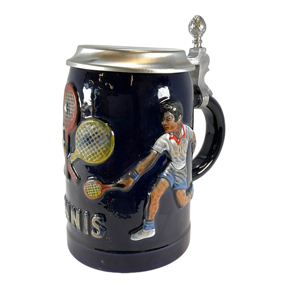 German .5L Tennis Player Beer Stein with Flat Pewter Lid - Made in Germany