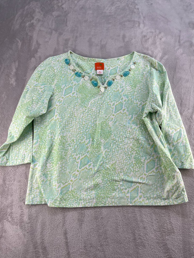 Hearts Of Palm Blouse Womens X-Large Blue/Green 3/4 Sleeve V-Neck Cotton Beach