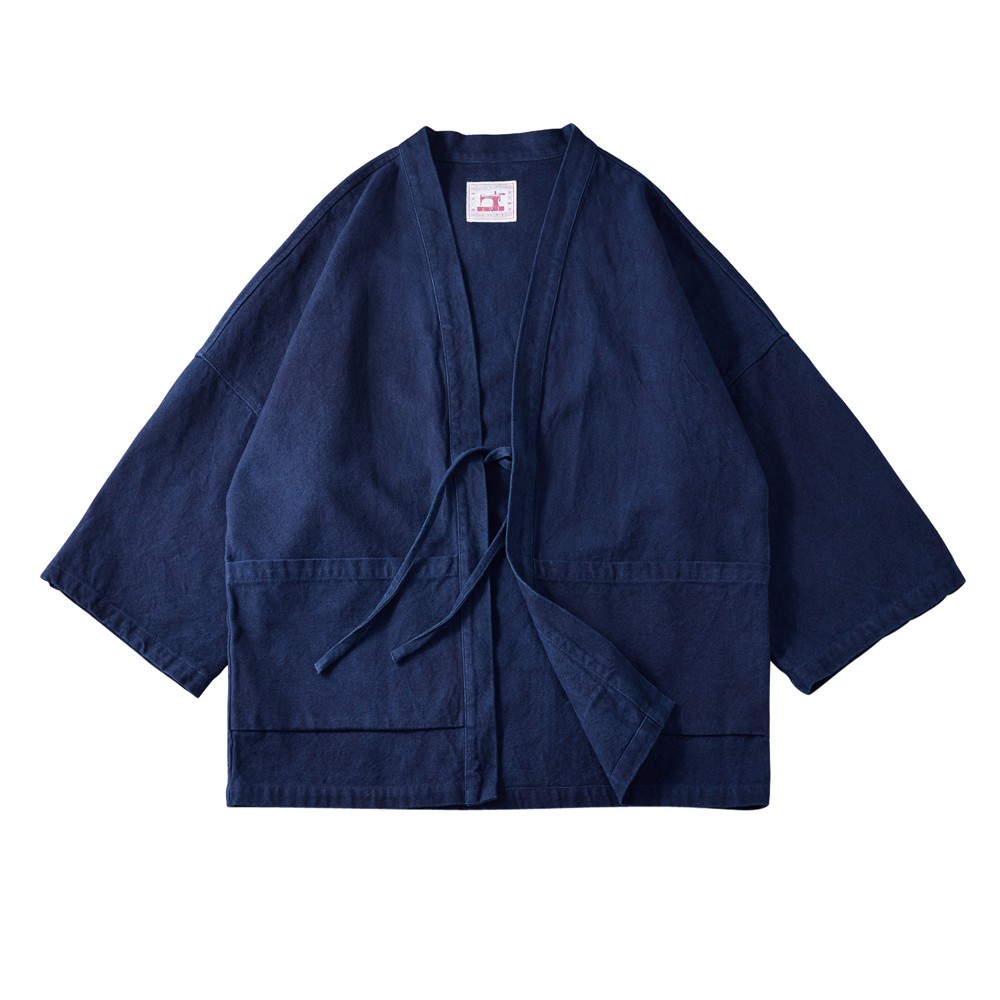 Men's Indigo Dyeing Taoist Robe Vintage Casual Coat Loose Jacket Japanese Coat