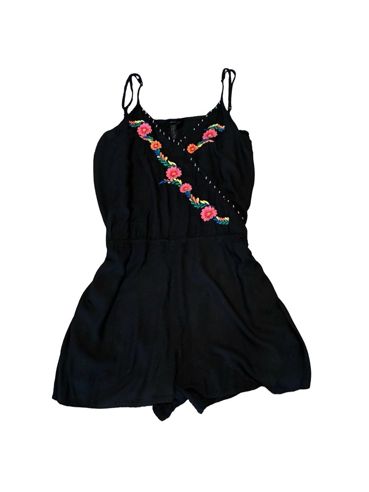Women's Black Romper Shorts Size Large Beaded Floral Embroidered Resort Vacay￼