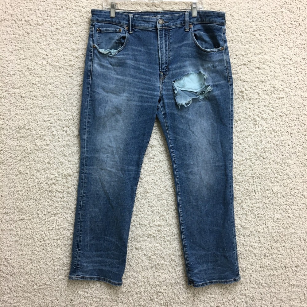 American Eagle Jeans 38x30 Mens Blue Original Bootcut Airflex Denim Distressed