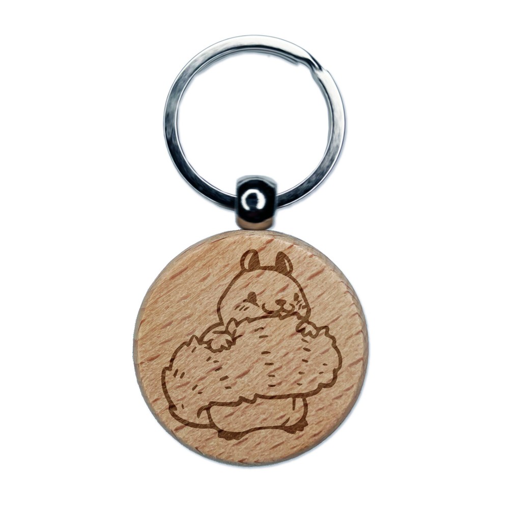 Shy squirrel hiding behind tail engraved wooden keychain charm  