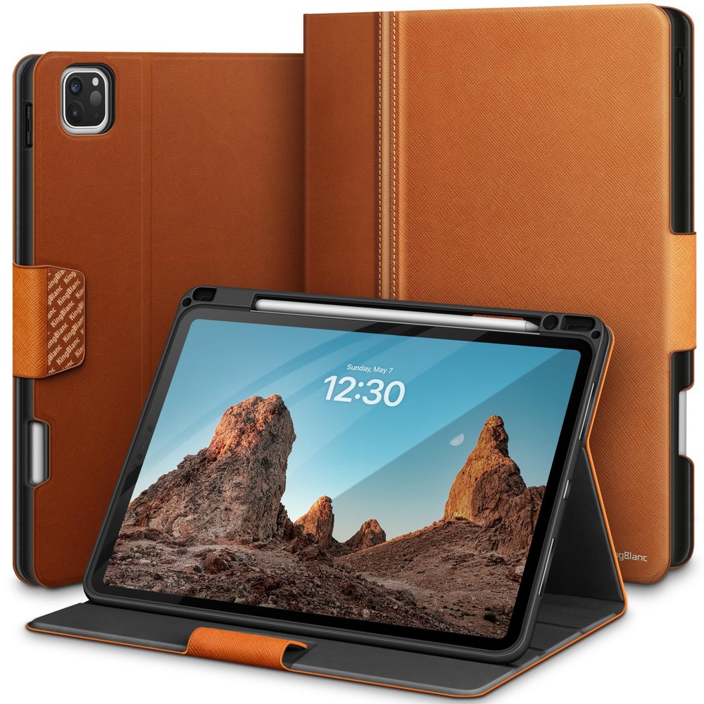 KingBlanc Case iPad Pro 11 inch 2024 M4 5th Gen Pencil Holder Faux Leather Brown