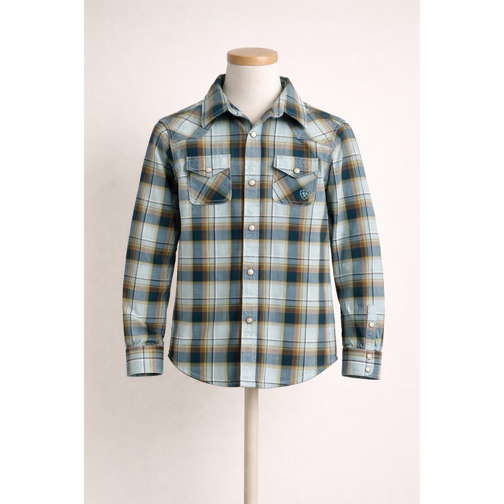 Ariat Habney Retro Snap Shirt Boys M 10-12 Blue Tan Plaid Western 10043716