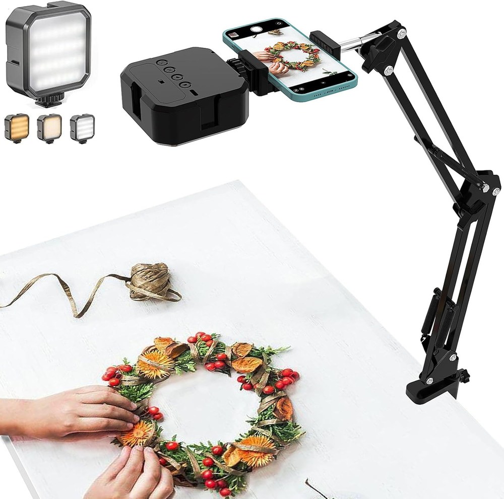 Overhead Phone Mount Articulating Arm Cell Phone Holder LED Light Flexible Stand