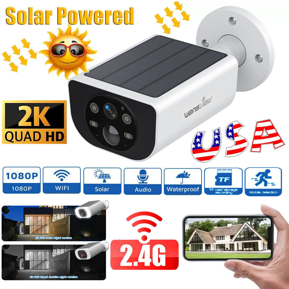 Solar Battery Powered Wireless Security Camera System WiFi Outdoor Audio 2K Home
