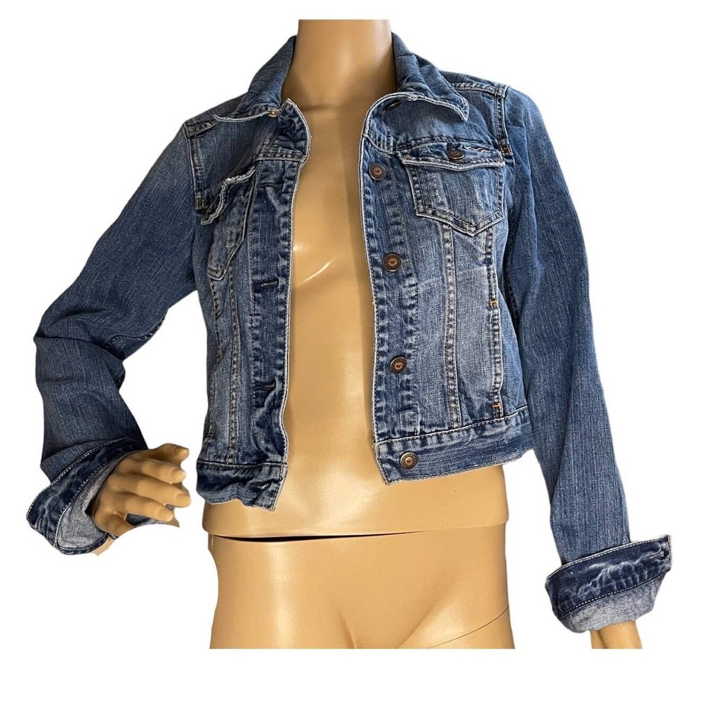 Hollister Womens Blue Jean Jacket Size Small Casual Button Front Distressed Crop