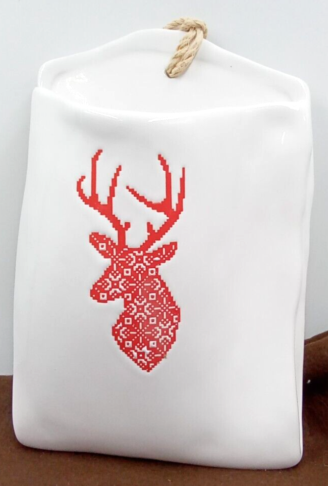 Reindeer Wall Pocket Hanging Ceramic White Red Christmas Animal Horns Jute NEW