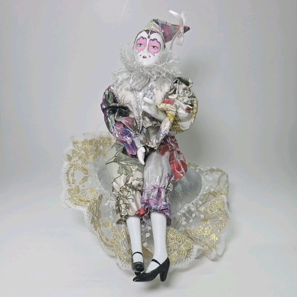 Vintage Haunted Porcelain Harlequin Clown Doll with Music Box
