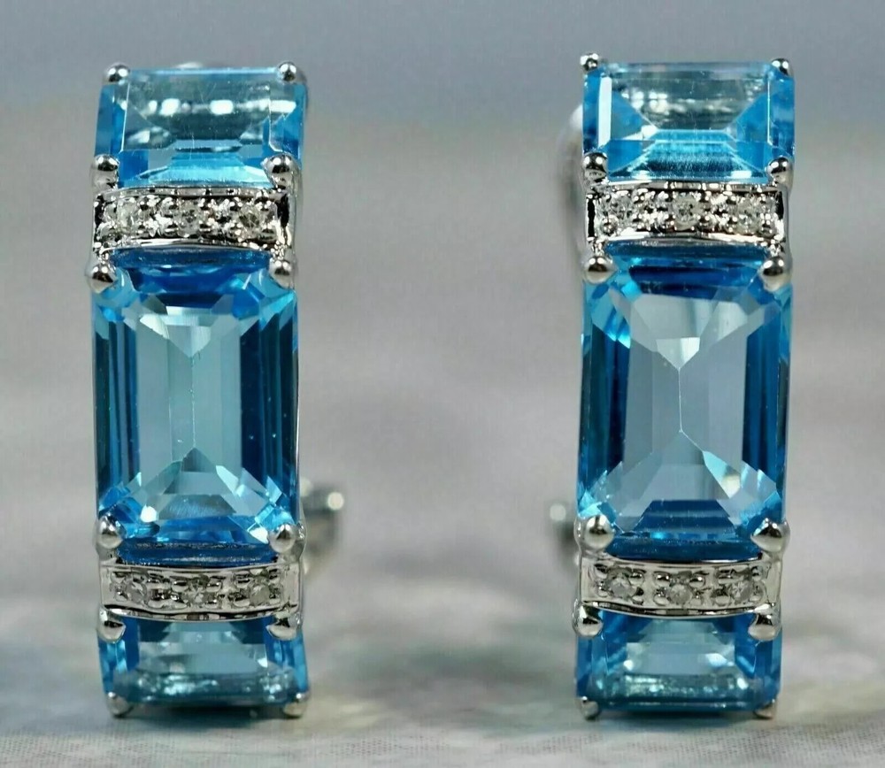 Emerald Cut Lab Created Blue Topaz Womens Hoop Earrings In 14K White Gold Plated