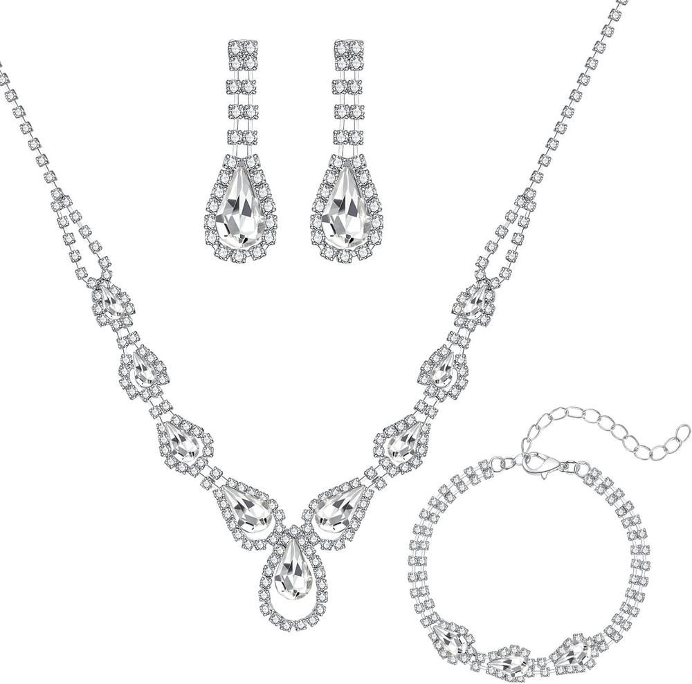 Jewelry Set for Women, Necklace Dangle Earrings Bracelet Set, White Gold Plat...