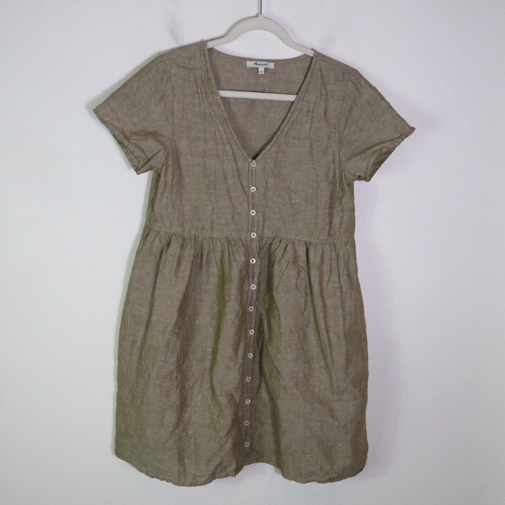Madewell Alexandra Button Front Mini Dress Womens Small Linen Green Boho Neutral