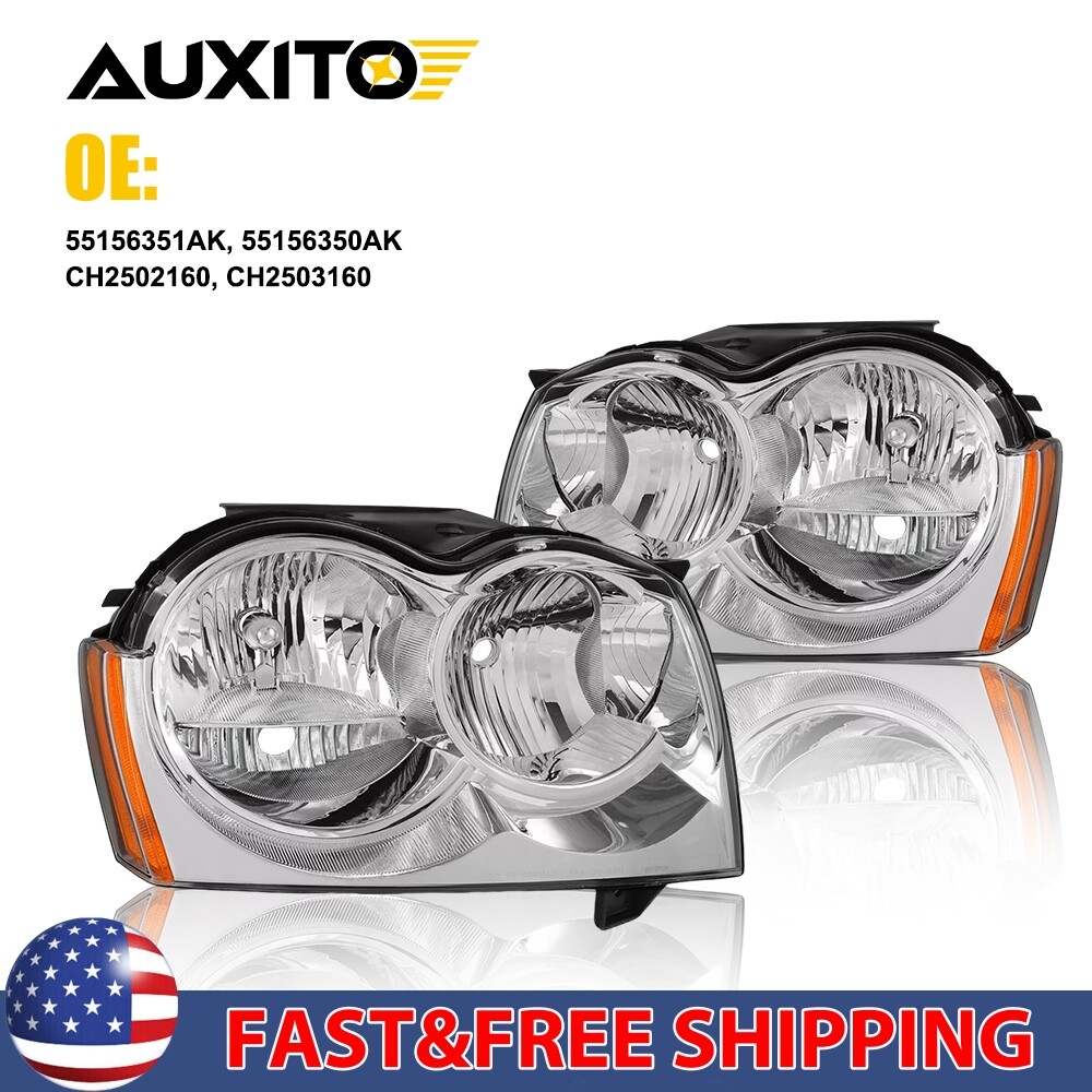 Fit For 2005 2006 2007 Jeep Grand Cherokee Chrome Headlights Headlamps Assembly