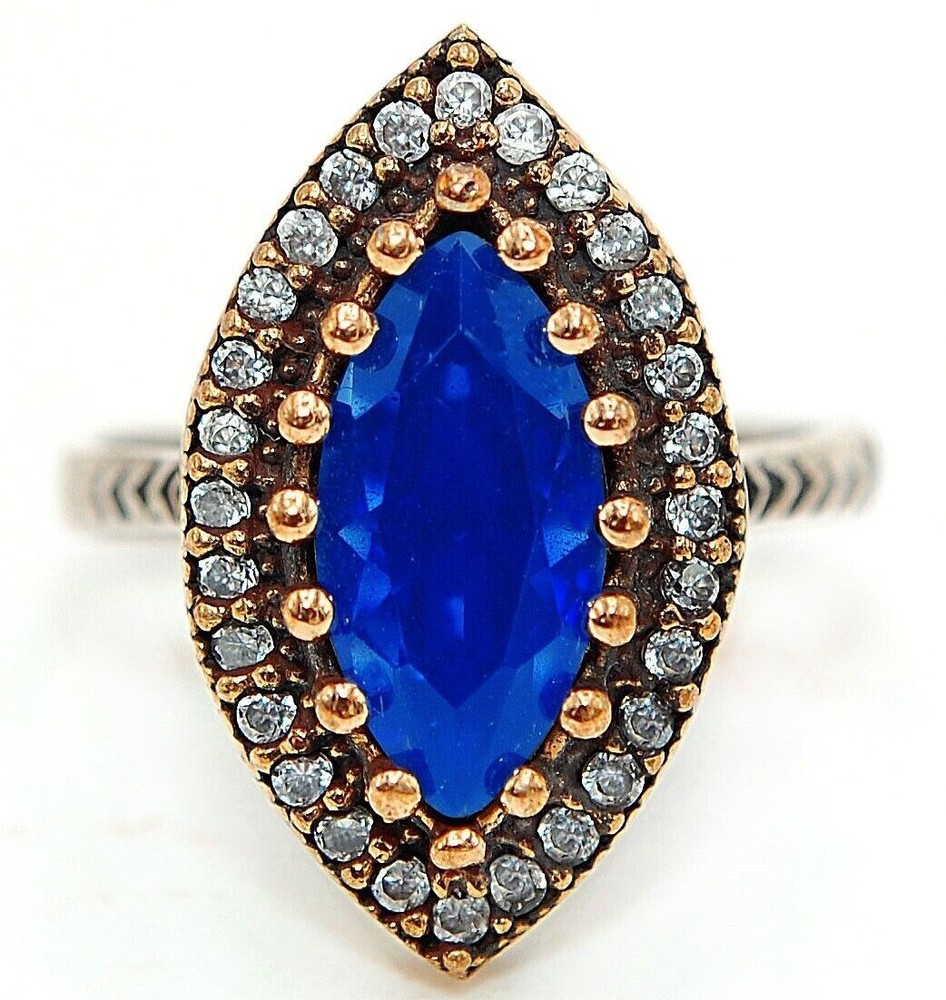 6CT Treated Sapphire Ottoman Empire Style 925 Sterling Silver Ring Size 9