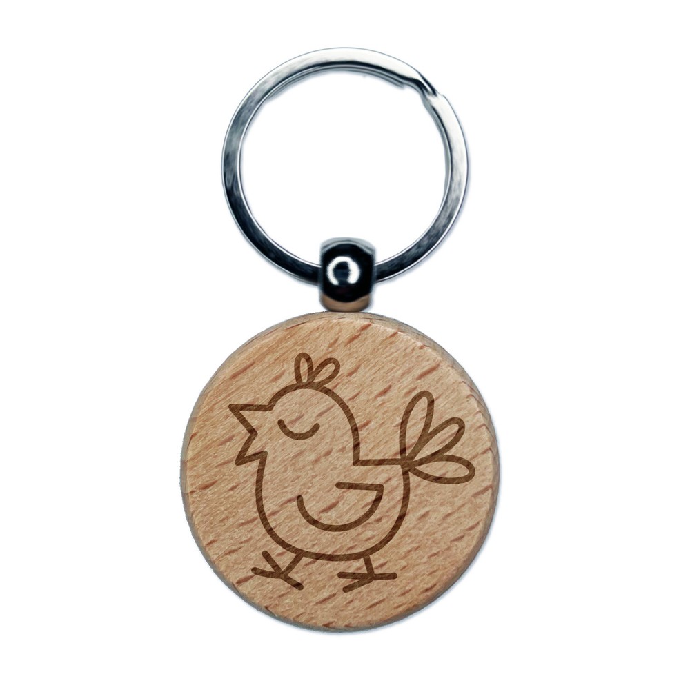 Carefree Bird Chirping Engraved Wood Round Keychain Tag Charm