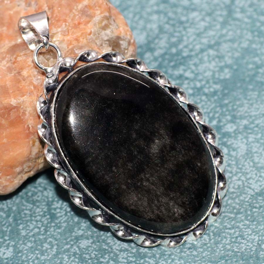 Silver Obsidian 925 Silver Plated Handmade Gemstone Pendant 2.2 Inch JW