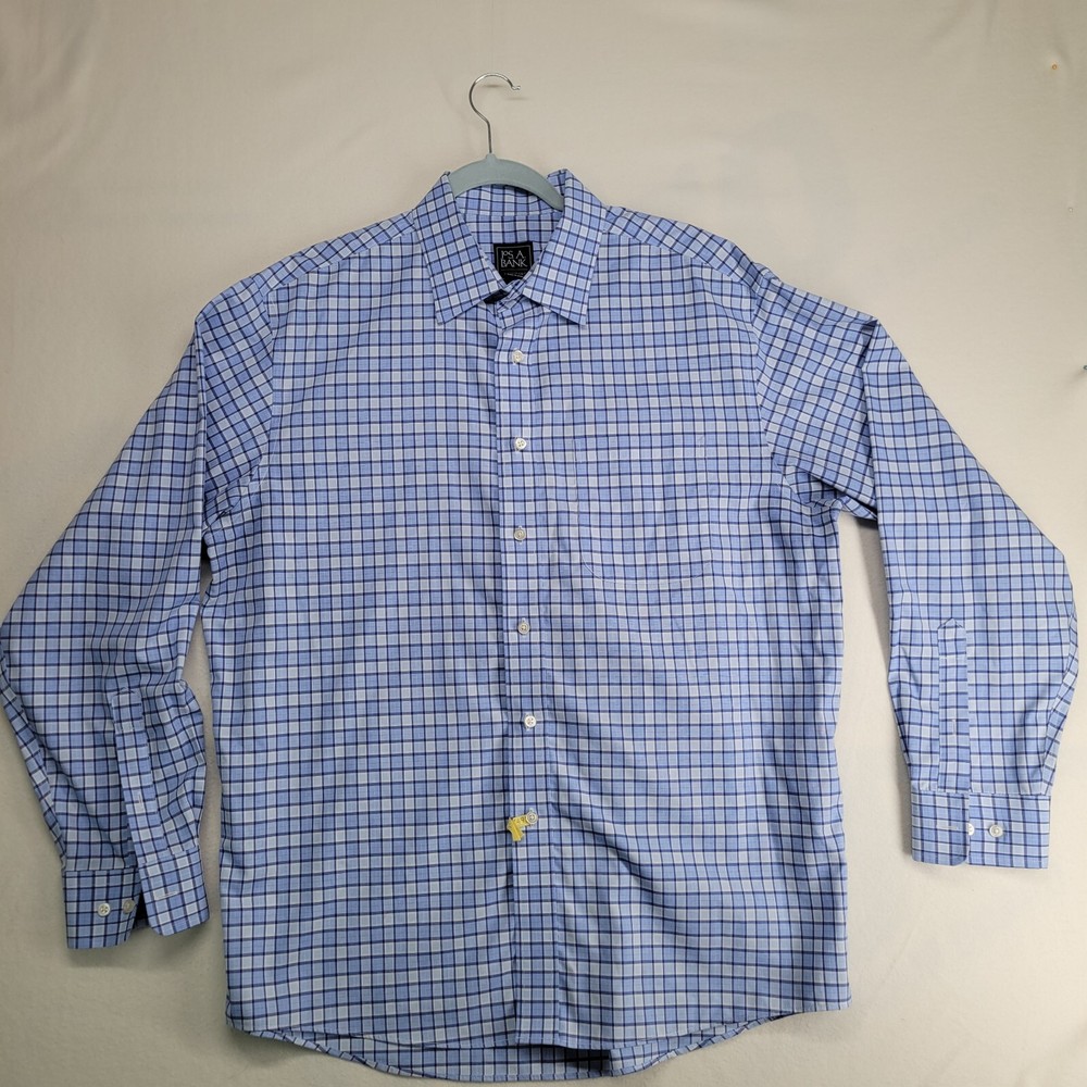 Jos A Bank Mens L Shirt Traveler Blue Check Plaid Button Up Dress Shirt