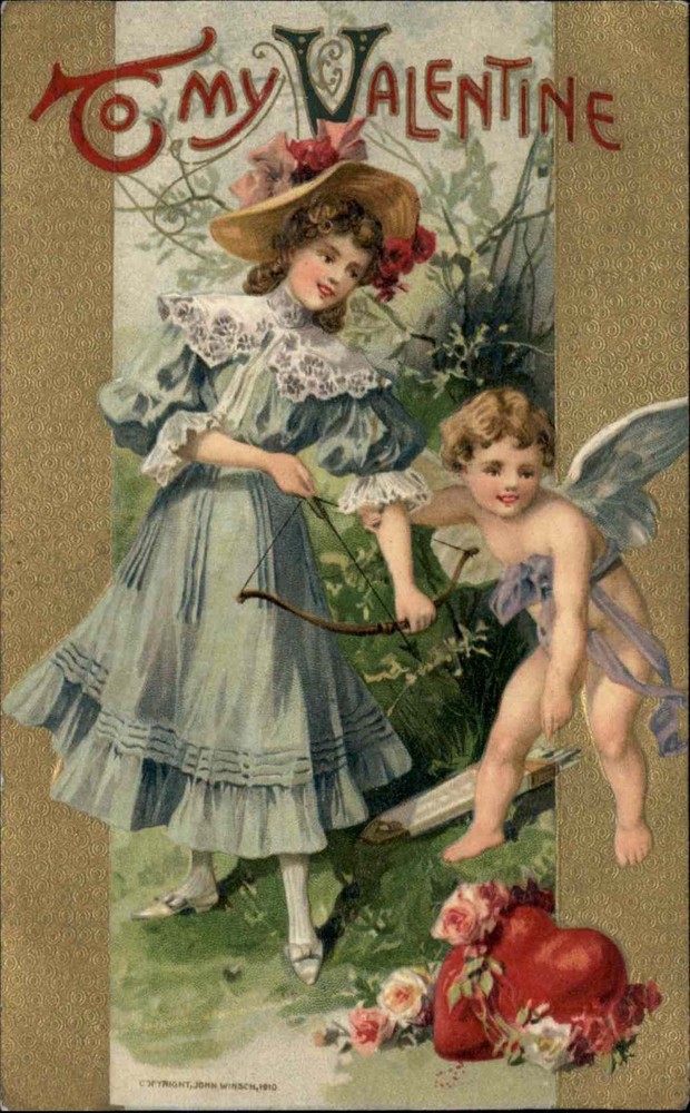 WINSCH VALENTINE Young Girl w Cupid Antique Postcard