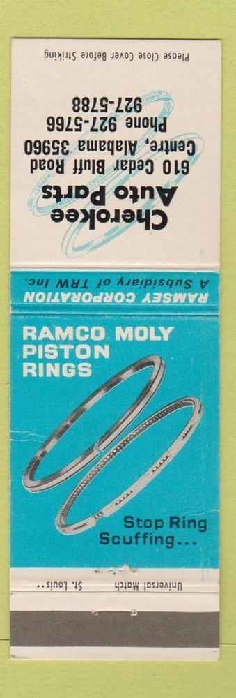 Ramco Moly Piston Rings Matchbook Cover from Cherokee Parts Centre AL