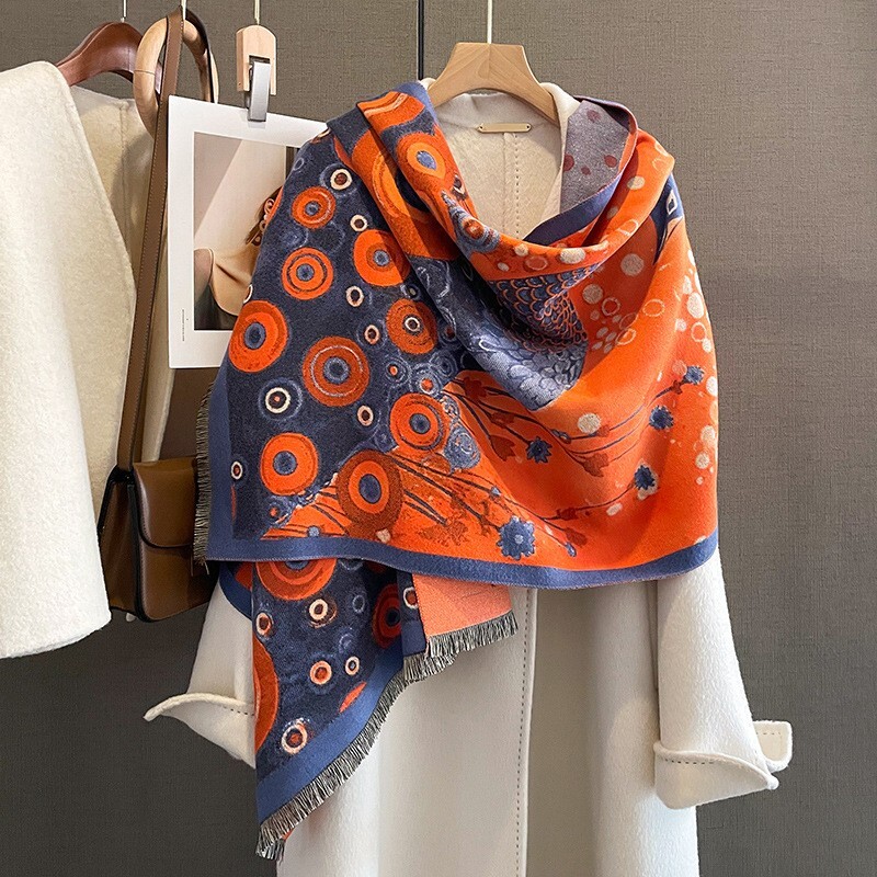 Soft Cashmere-like Long Orange Peacock Scarf Wrap 180x60cm for Women