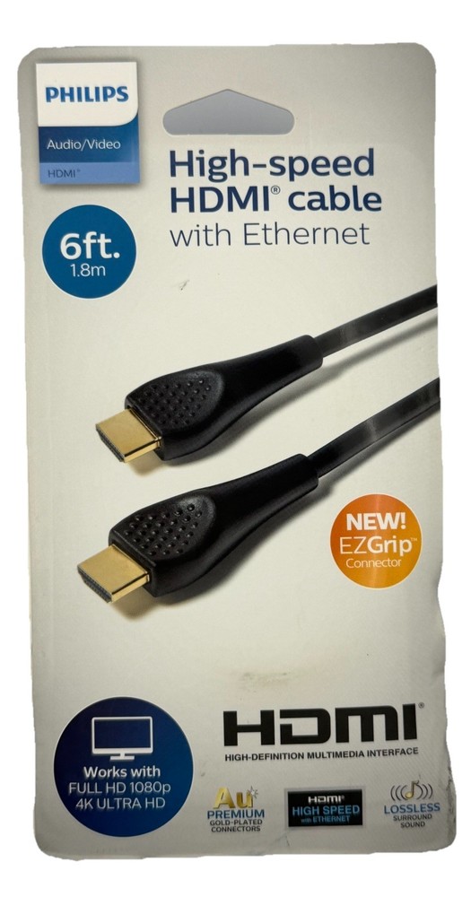 Philips 6Ft/1.8m High-Speed HDMI Cable w/Ethernet HD 1080P & 4K Ultra HD EZGrips