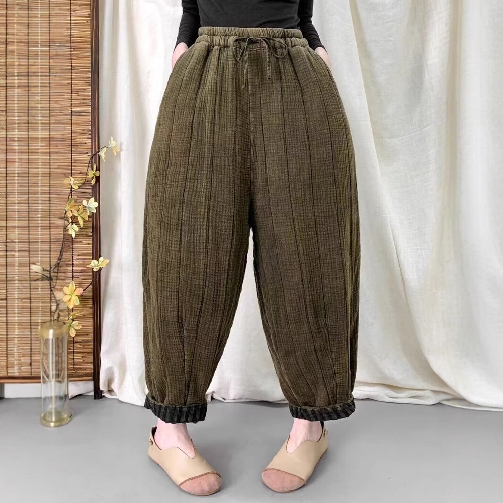 Cotton Linen Padded Casual Pants Women Winter Retro Loose Wide-leg Harlan Pants