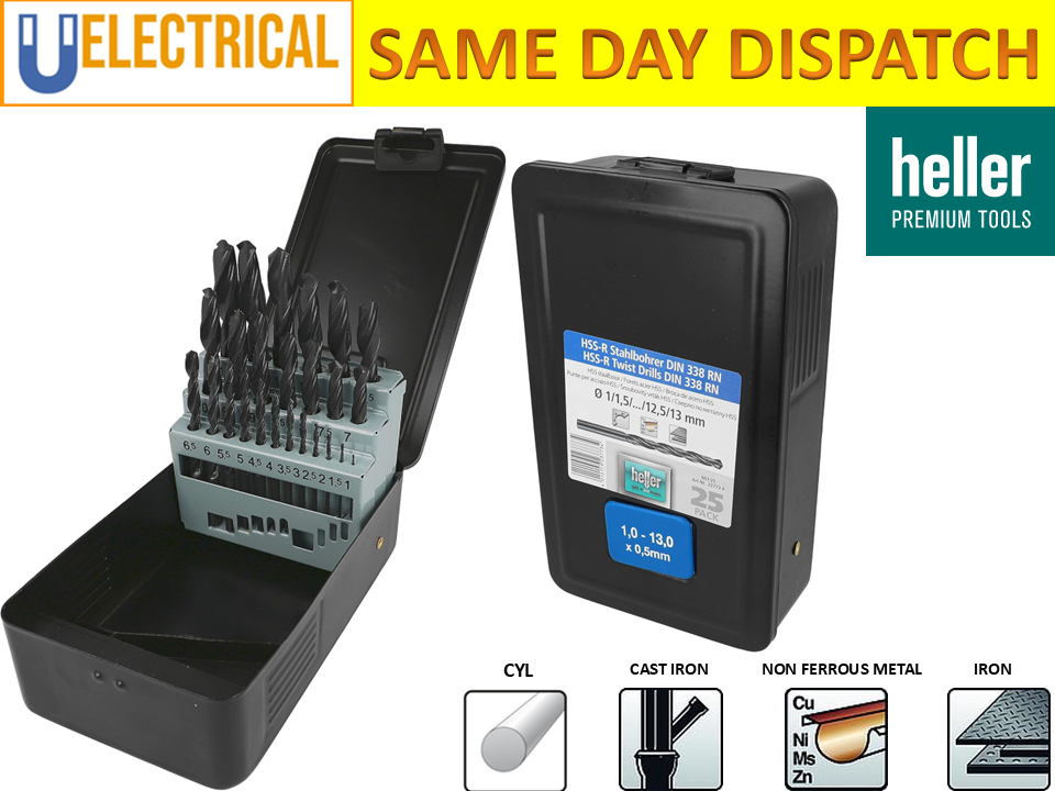 25PC HELLER METAL HSS-R DIN 338 RN TWIST DRILL BITS SET FROM 1MM-13MM METAL CASE