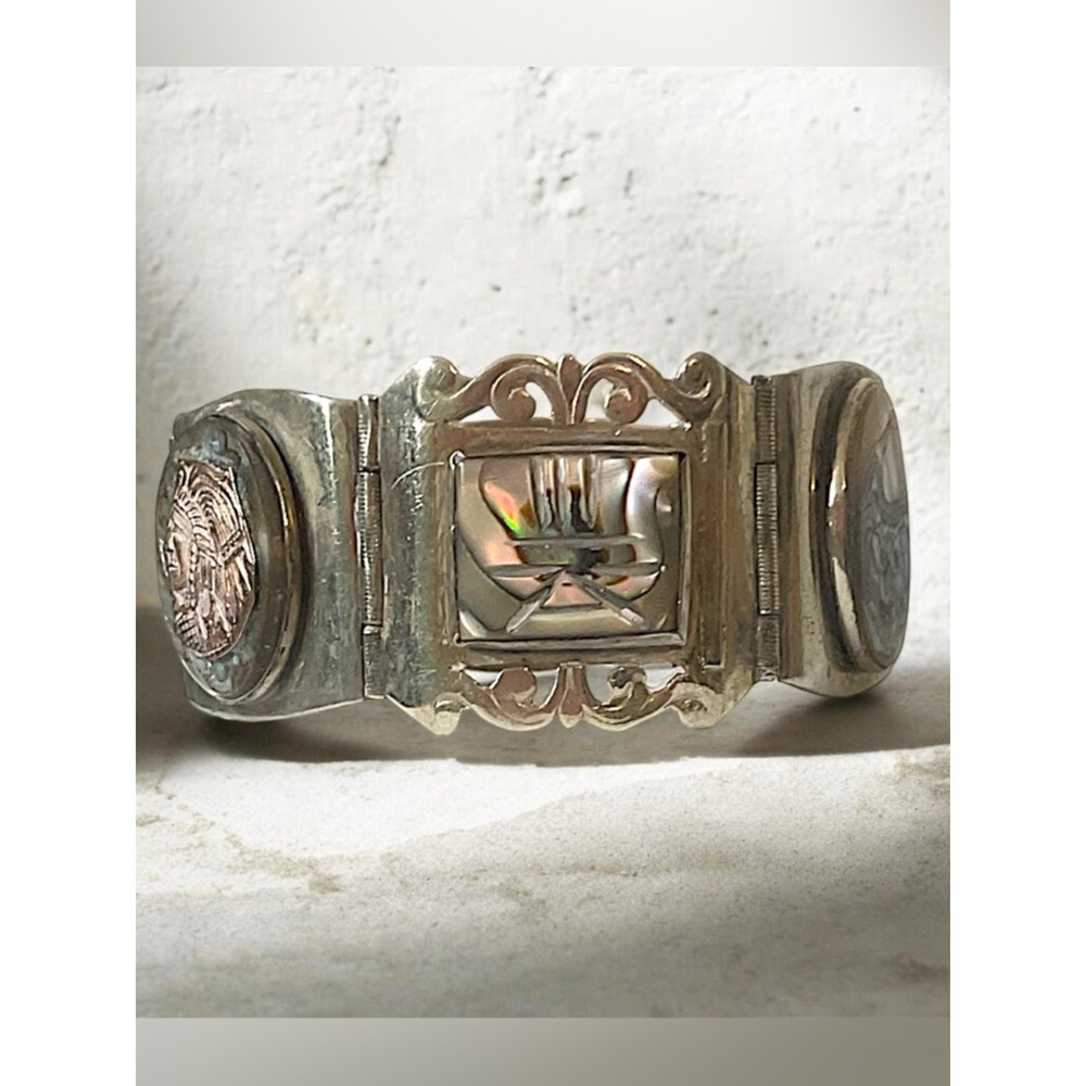 Vintage Taxco Mexico Sterling Silver Abalone Aztec Bracelet