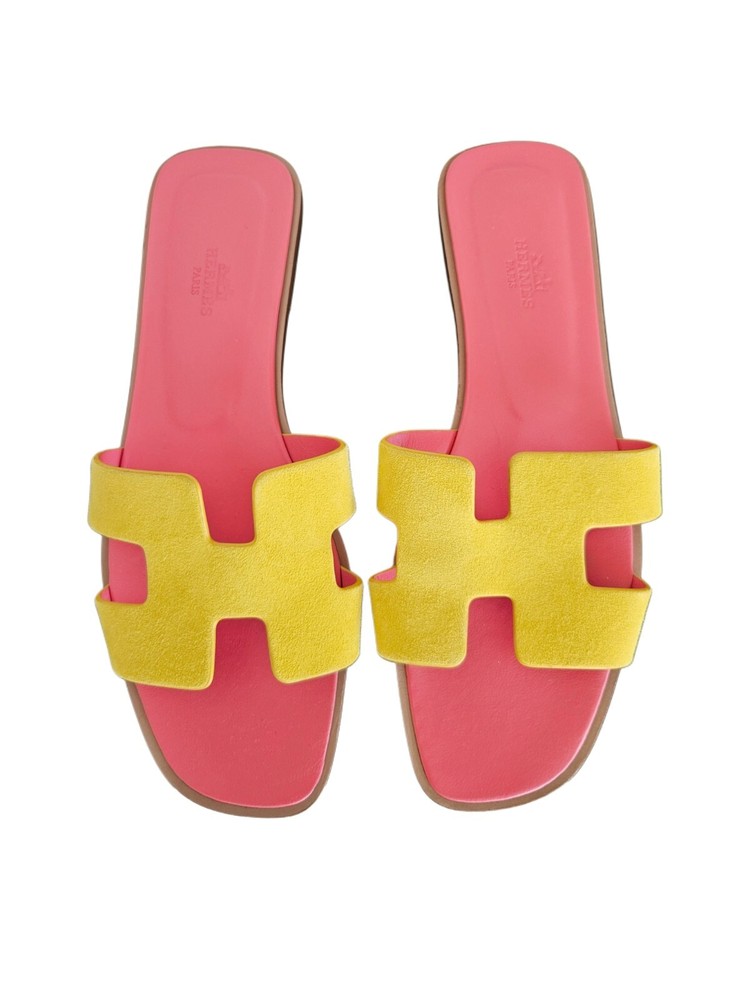Hermes Oran Sandal in Yellow and Pink Suede Leather